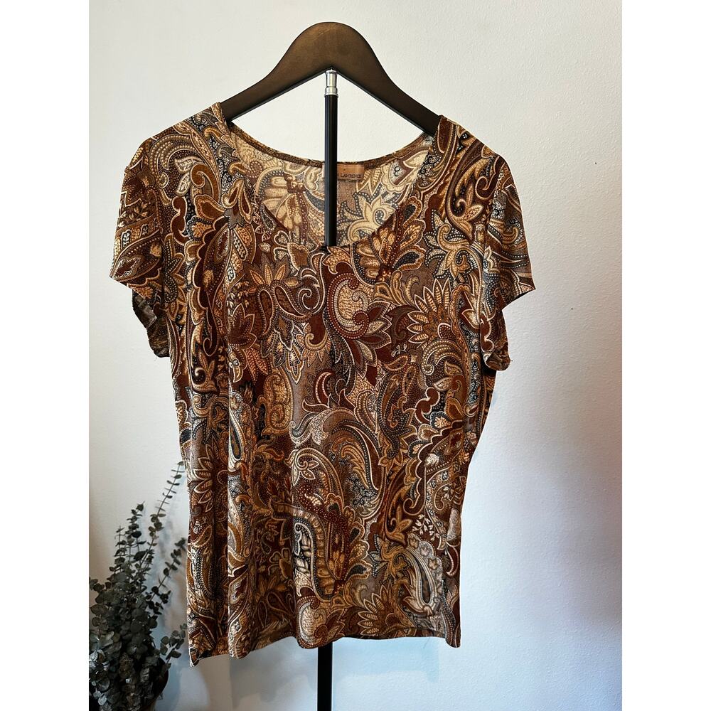 Susan Lawrence Brown Paisley Short Sleeve Top Vintage Earth Tone  M